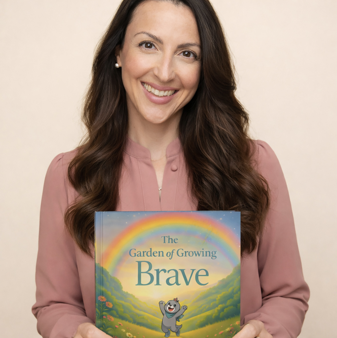 Jessica Borzino holding The Garden of Growing Brave children’s picture book that helps kids grow brave, confident, and resilient.