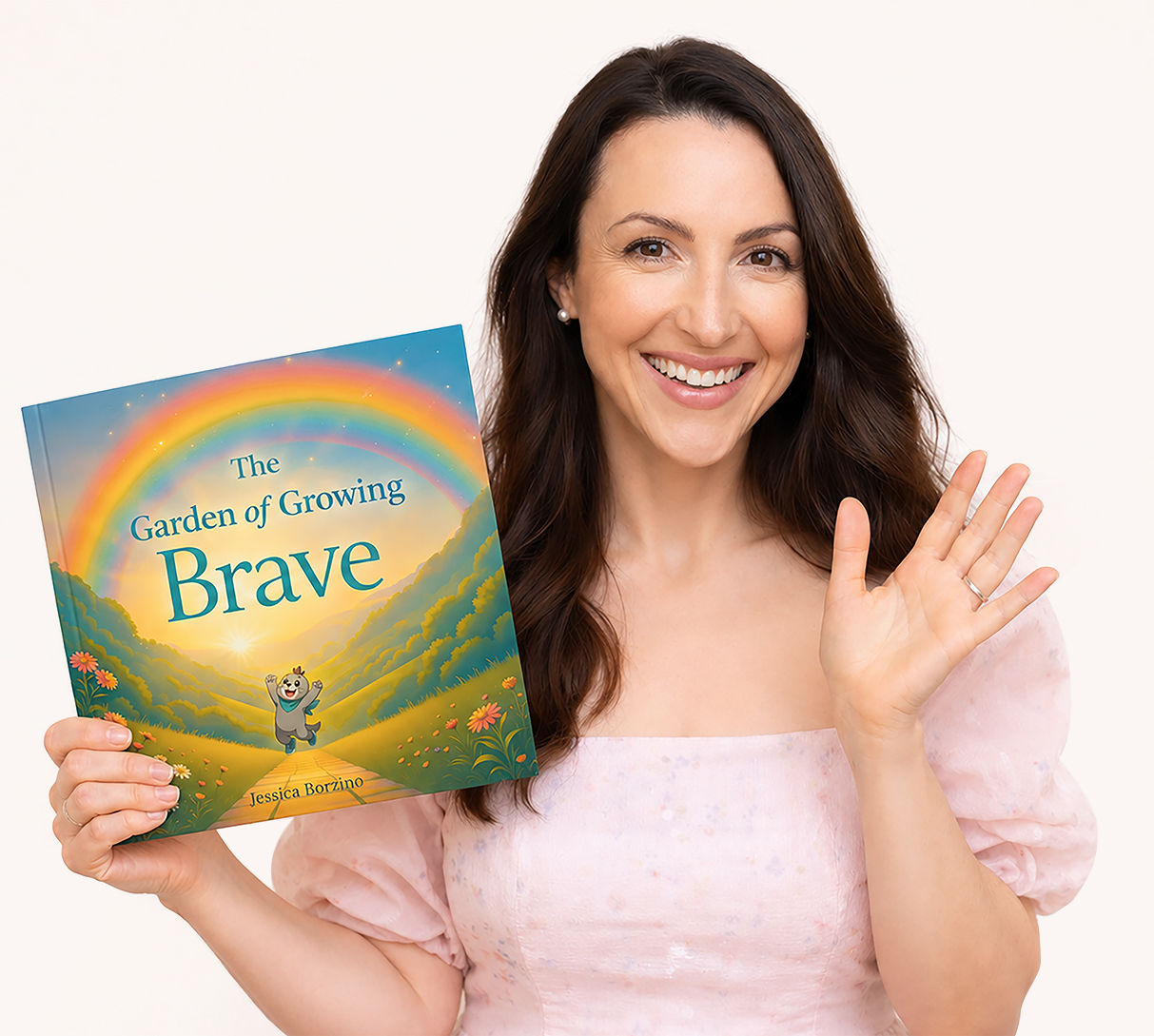 Author Jessica Borzino holding The Garden of Growing Brave children’s picture book, helping kids build confidence, emotional resilience, and coping skills.