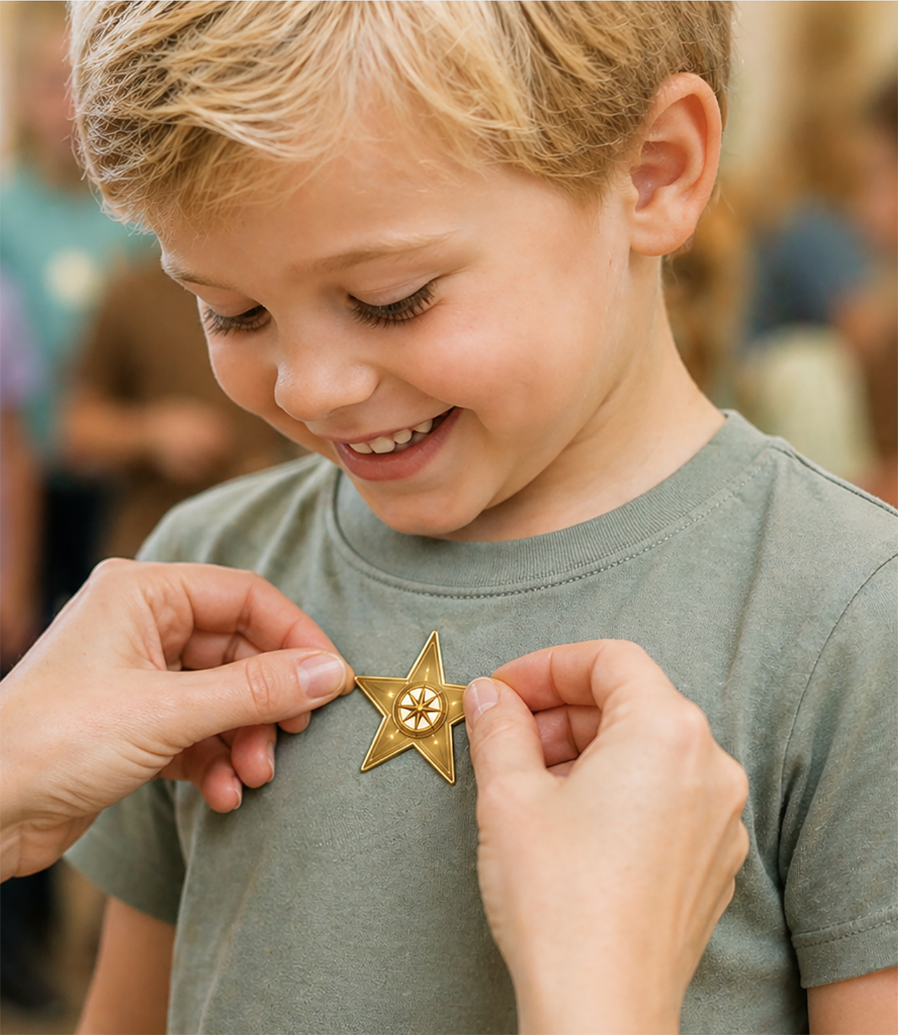 Child receiving a bravery badge during interactive storytime, helping build confidence and emotional resilience in early childhood.