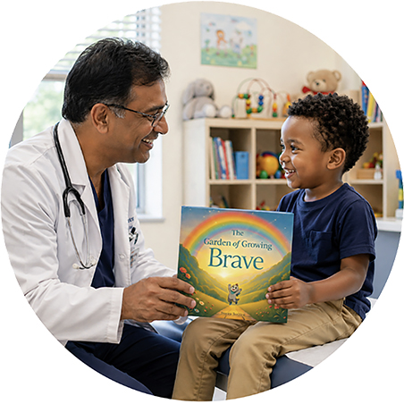 Pediatrician reading The Garden of Growing Brave with a child, helping build confidence and ease medical fear during doctor visits.