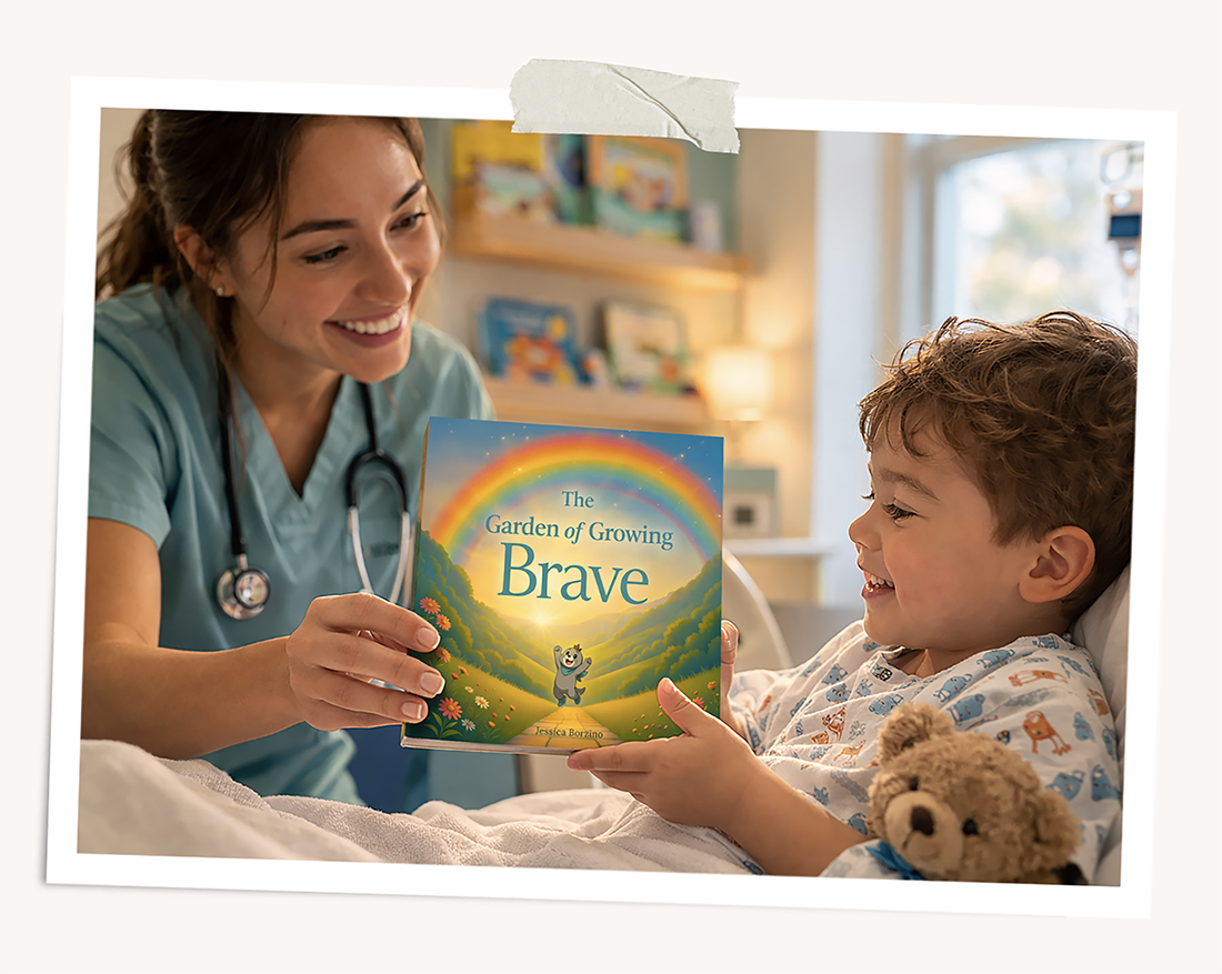 Doctor sharing The Garden of Growing Brave with a toddler patient, helping reduce medical fear and create comfort before a medical procedure.