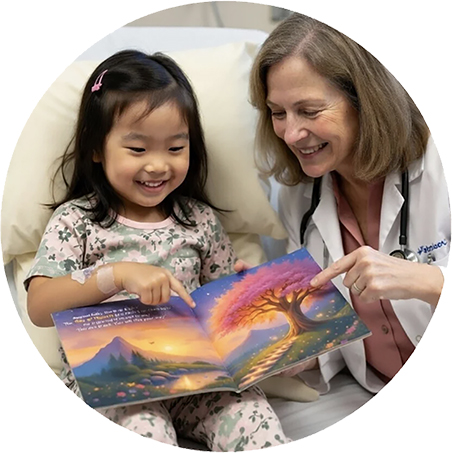 Doctor reading The Garden of Growing Brave with a young patient in a hospital, helping reduce anxiety and procedural distress.