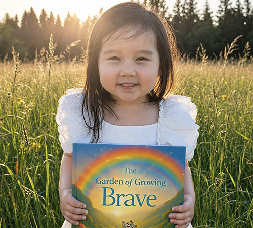 Toddler holding a children’s picture book called The Garden of Growing Brave designed to help process trauma and cope with fear, supporting emotional resilience emotional regulation in 3y0.