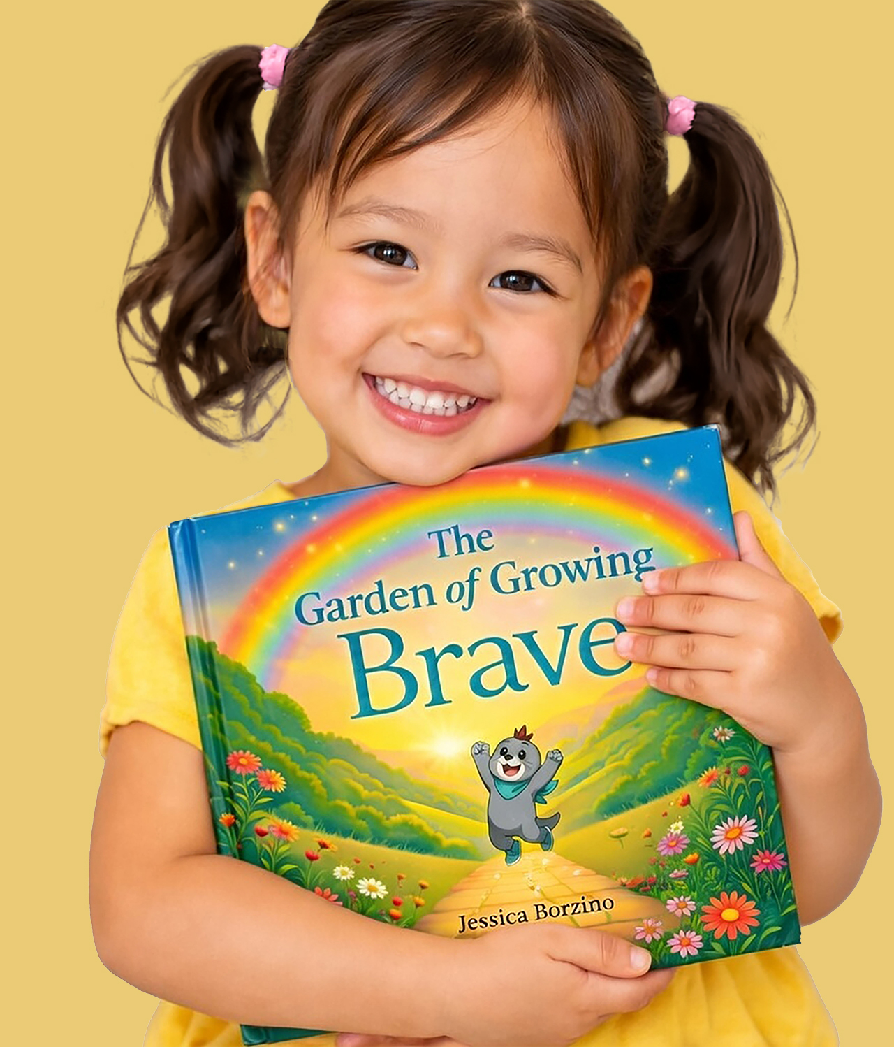 Smiling toddler girl hugging The Garden of Growing Brave children’s picture book, building confidence and emotional resilience through a storybook of gentle characters.