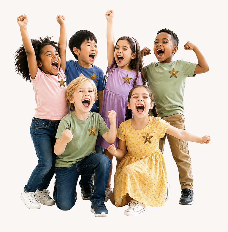 Group of diverse children celebrating with raised arms while wearing bravery badges from the I Am Brave Movement, showing confidence and courage.