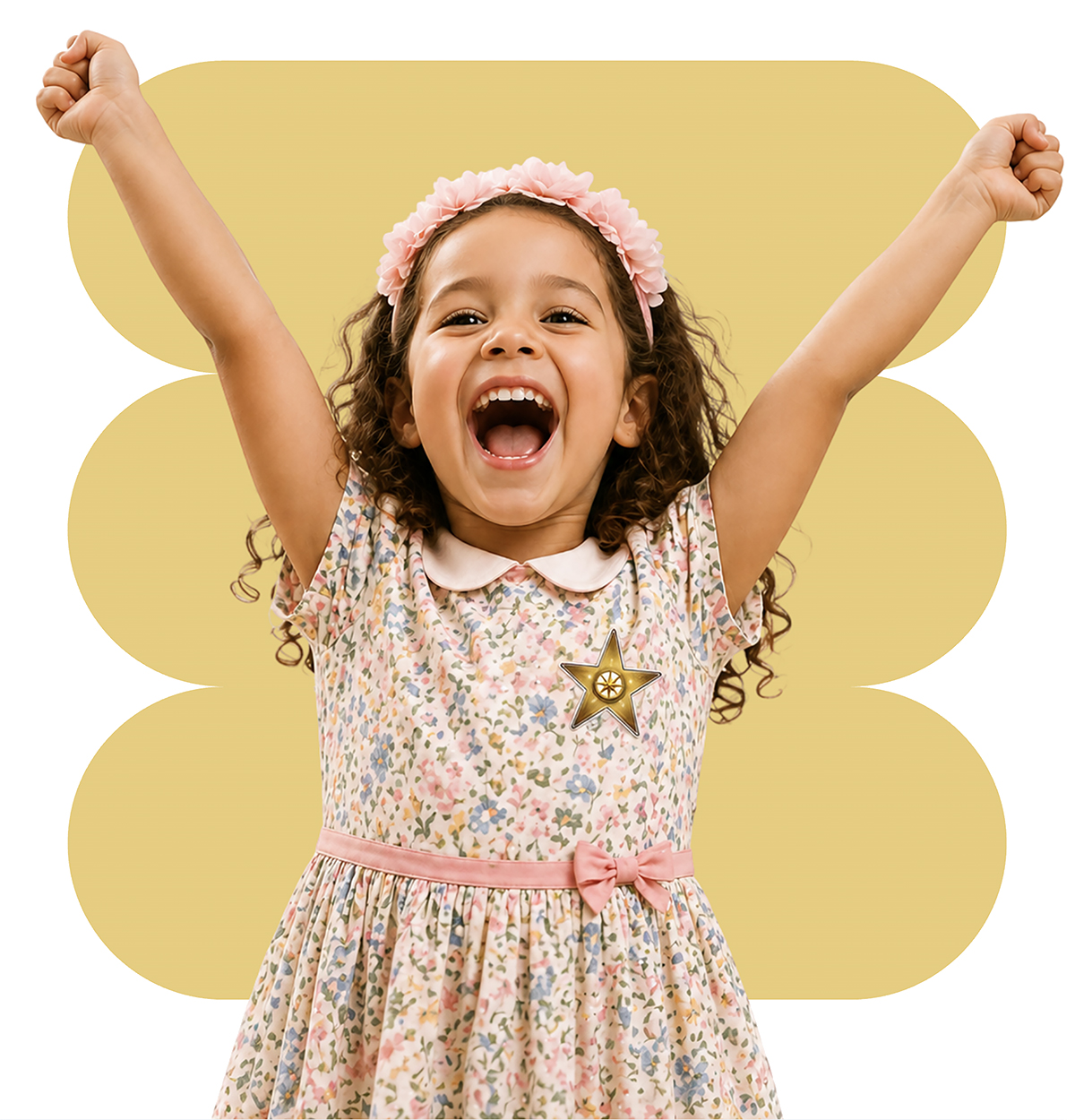 Young girl with raised arms wearing a bravery badge from The Garden of Growing Brave, celebrating confidence and the I Am Brave Movement.