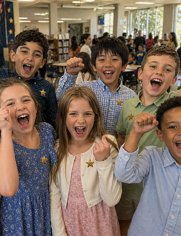 Diverse group of children celebrating together with bravery badges, expressing confidence, courage, and community in the I AM BRAVE Movement.