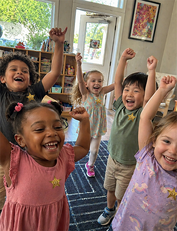 Group of children cheering with raised arms during an I AM BRAVE Movement activity, building confidence and joy through shared celebration.