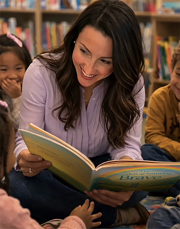 Author, Jessica Borzino, reading The Garden of Growing Brave to a group of children, helping to support emotional growth.