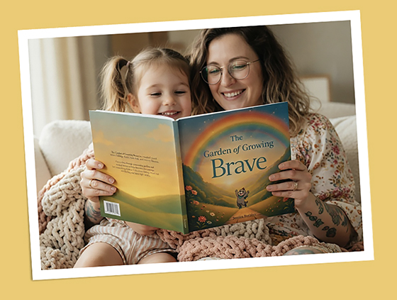 Caregiver reading The Garden of Growing Brave with toddler, using co-regulation tools to support emotional regulation before and after medical visits.