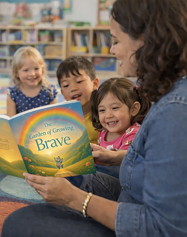 Teacher reading and SEL picture book to pre-k children during storytime, helping kids build coping skills while managing big emotions.