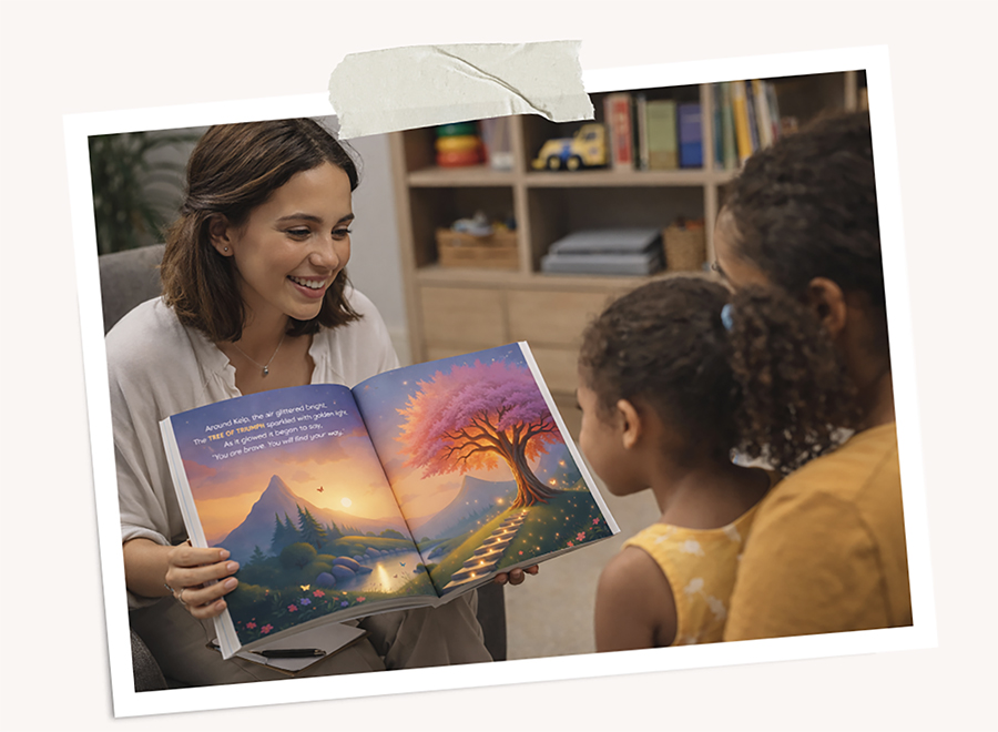 Child Life Specialist leading a small group storytime with The Garden of Growing Brave, supporting emotional regulation and resilience.