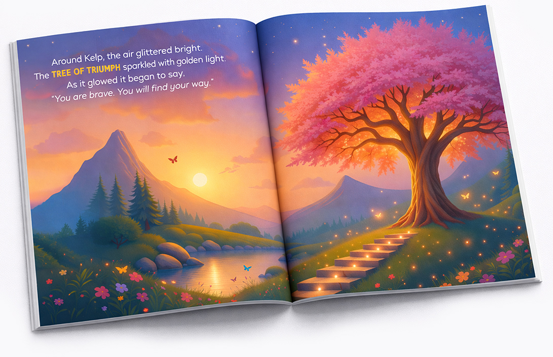 Inside pages of The Garden of Growing Brave featuring a magical garden scene, offering children a gentle story to build confidence and manage big emotions.